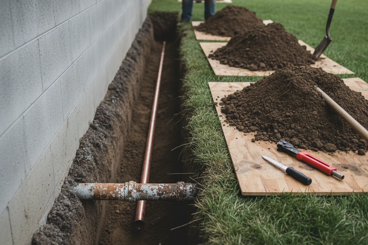 Excavated water line trench during Sewer Line Repair in Lake Hamilton